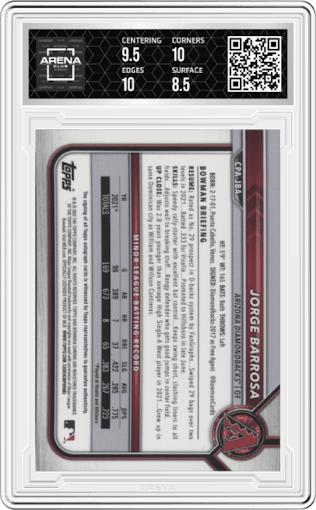 Jorge Barrosa from the 2022 Bowman Chrome set graded by Arena Club and given an overall grade of 9.