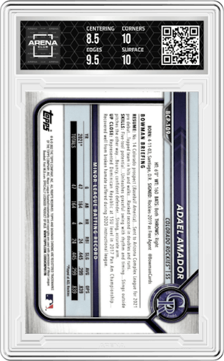Adael Amador from the 2022 Bowman set featuring a Atomic Refractor parallel graded by Arena Club and given an overall grade of 9.