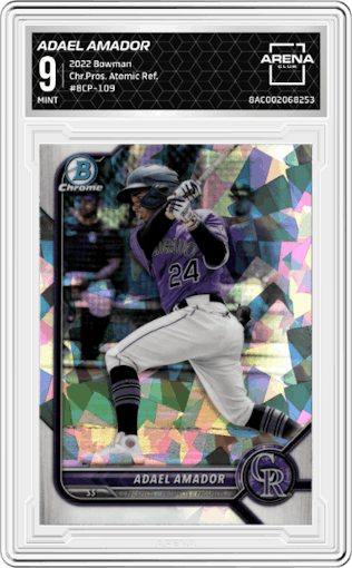 Adael Amador from the 2022 Bowman set featuring a Atomic Refractor parallel graded by Arena Club and given an overall grade of 9.