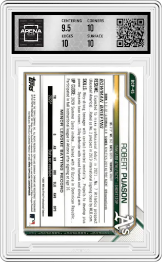 Robert Puason from the 2021 Bowman Sapphire Edition set featuring a Aqua parallel graded by Arena Club and given an overall grade of 10.