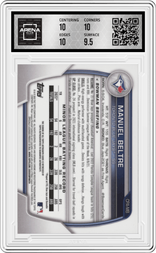 Manuel Beltre from the 2023 Bowman  set graded by Arena Club and given an overall grade of 10.