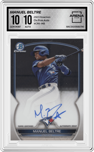 Manuel Beltre from the 2023 Bowman  set graded by Arena Club and given an overall grade of 10.