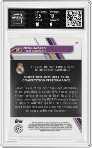 Eden Hazard from the 2022-23 Topps Finest UEFA Club Competitions set featuring a Green Refractor parallel graded by Arena Club and given an overall grade of 9.5.