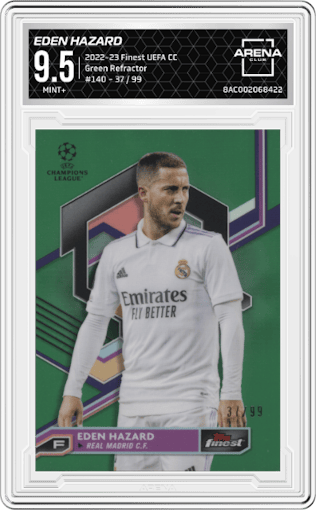 Eden Hazard from the 2022-23 Topps Finest UEFA Club Competitions set featuring a Green Refractor parallel graded by Arena Club and given an overall grade of 9.5.