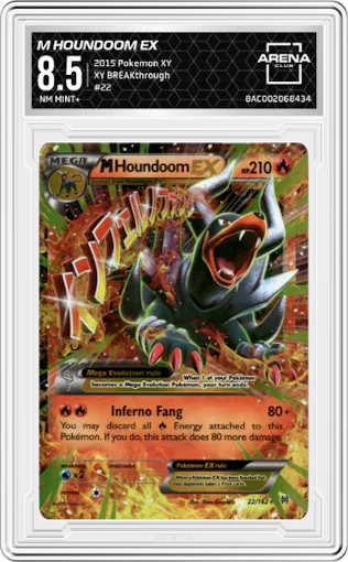M Houndoom EX from the 2015 Pokemon XY set graded by Arena Club and given an overall grade of 8.5.