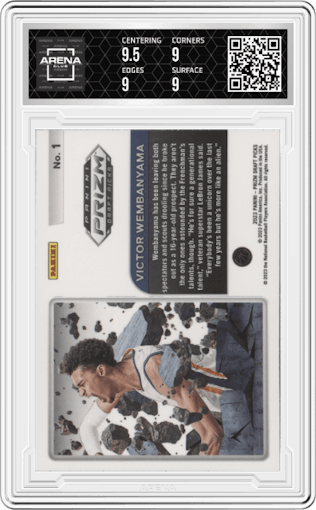 Victor Wembanyama from the 2023-24 Panini Prizm Draft Picks set graded by Arena Club and given an overall grade of 9.