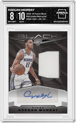 Keegan Murray from the 2022-23 Panini Black set graded by Arena Club and given an overall grade of 8.