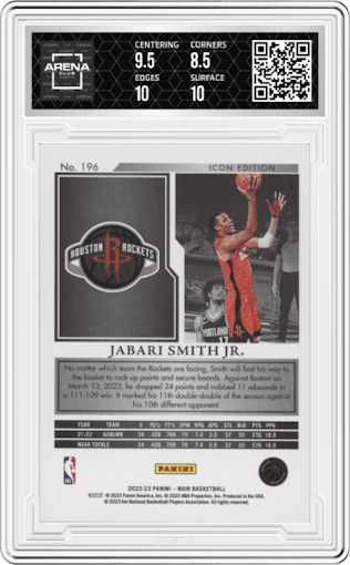 Jabari Smith Jr.  from the 2022-23 Panini Noir set featuring a Holo Silver parallel graded by Arena Club and given an overall grade of 9.