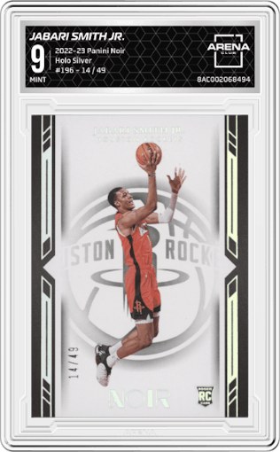 Jabari Smith Jr.  from the 2022-23 Panini Noir set featuring a Holo Silver parallel graded by Arena Club and given an overall grade of 9.