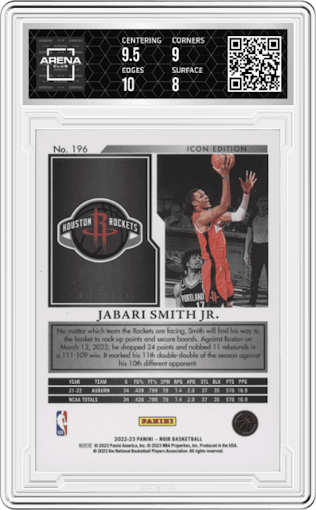 Jabari Smith Jr.  from the 2022-23 Panini Noir set graded by Arena Club and given an overall grade of 8.5.