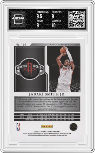 Jabari Smith Jr. from the 2022-23 Panini Noir set featuring a Silver Holo parallel graded by Arena Club and given an overall grade of 9.5.