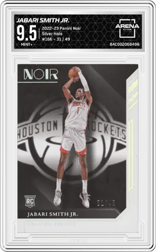 Jabari Smith Jr. from the 2022-23 Panini Noir set featuring a Silver Holo parallel graded by Arena Club and given an overall grade of 9.5.