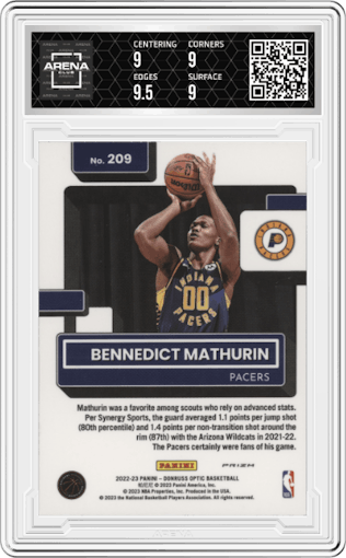 Bennedict Mathurin from the 2022-23 Panini Donruss Optic  set featuring a Holo parallel graded by Arena Club and given an overall grade of 9.