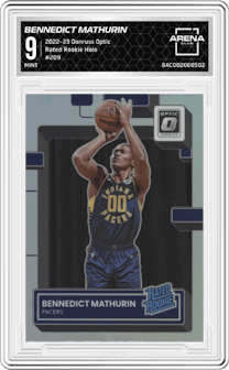Bennedict Mathurin from the 2022-23 Panini Donruss Optic  set featuring a Holo parallel graded by Arena Club and given an overall grade of 9.