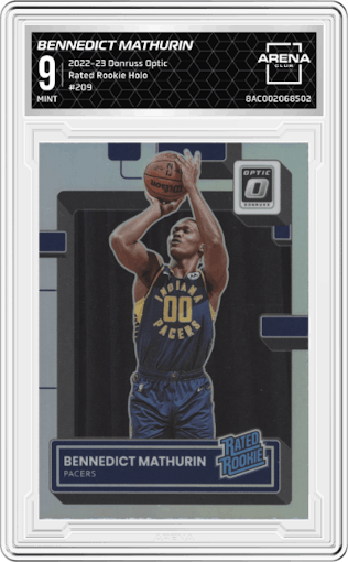 Bennedict Mathurin from the 2022-23 Panini Donruss Optic  set featuring a Holo parallel graded by Arena Club and given an overall grade of 9.