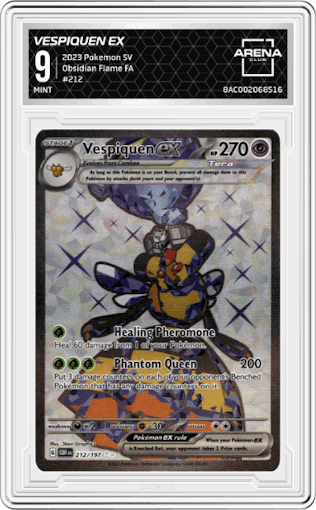 Vespiquen EX from the 2023 Pokemon SV set graded by Arena Club and given an overall grade of 9.