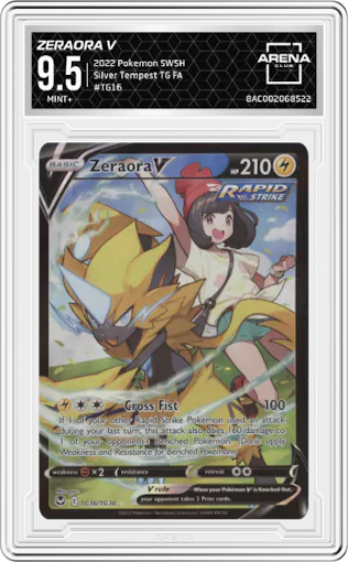 Zeraora V from the 2022 Pokemon SWSH set graded by Arena Club and given an overall grade of 9.5.