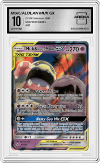 Muk/Alolan Muk GX from the 2019 Pokemon S&M  set graded by Arena Club and given an overall grade of 10.