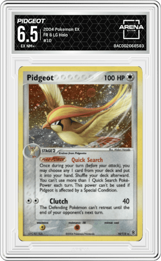Pidgeot from the 2004 Pokemon EX set graded by Arena Club and given an overall grade of 6.5.