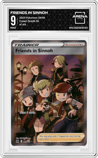 Friends in Sinnoh from the 2023 Pokemon SWSH set graded by Arena Club and given an overall grade of 9.