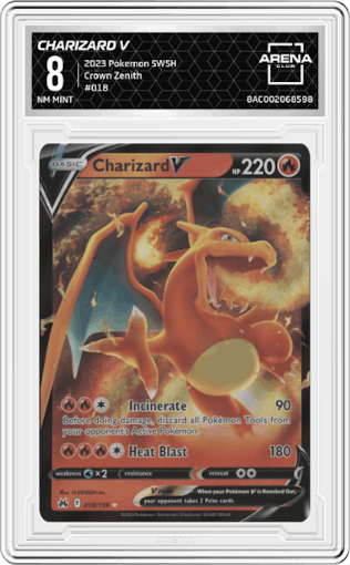 Charizard V from the 2023 Pokemon SWSH set graded by Arena Club and given an overall grade of 8.