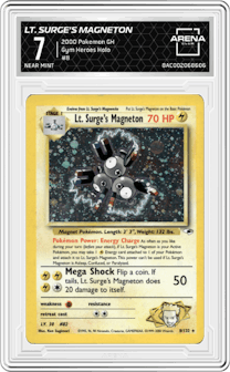 Lt. Surge's Magneton from the 2000 Pokemon GH set graded by Arena Club and given an overall grade of 7.