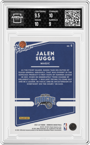 Jalen Suggs from the 2021-22 Panini Donruss set featuring a Pink Laser Holo parallel graded by Arena Club and given an overall grade of 9.5.