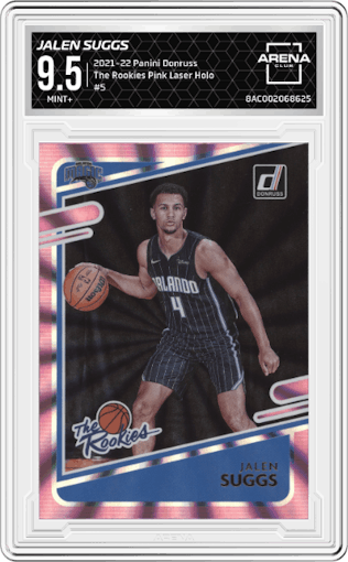 Jalen Suggs from the 2021-22 Panini Donruss set featuring a Pink Laser Holo parallel graded by Arena Club and given an overall grade of 9.5.