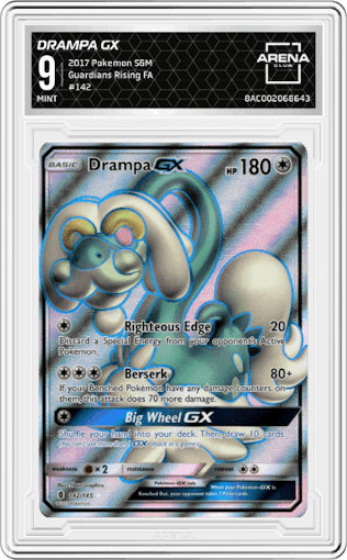 Drampa GX from the 2017 Pokemon S&M set graded by Arena Club and given an overall grade of 9.