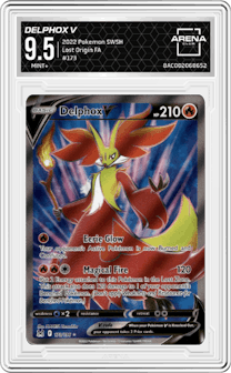 Delphox V from the 2022 Pokemon SWSH set graded by Arena Club and given an overall grade of 9.5.
