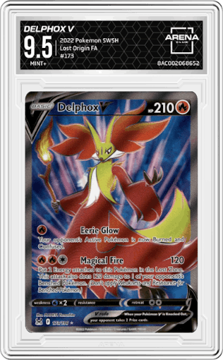 Delphox V from the 2022 Pokemon SWSH set graded by Arena Club and given an overall grade of 9.5.
