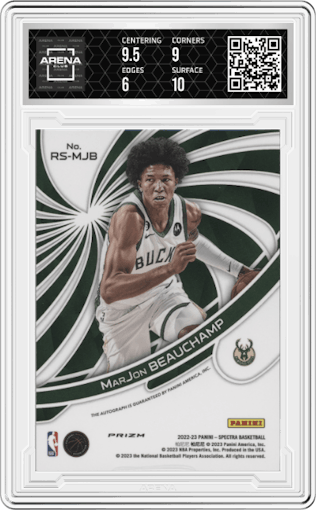 MarJon Beauchamp from the 2022-23 Panini Spectra set featuring a Asia parallel graded by Arena Club and given an overall grade of 6.5.