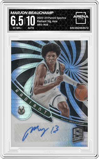 MarJon Beauchamp from the 2022-23 Panini Spectra set featuring a Asia parallel graded by Arena Club and given an overall grade of 6.5.