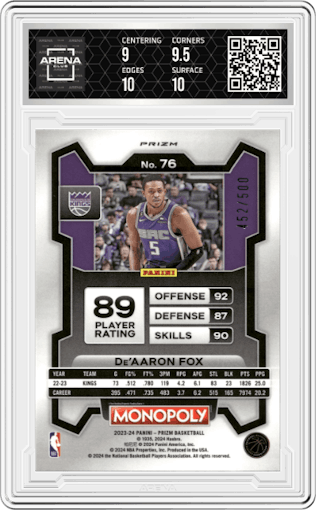 De’Aaron Fox from the 2023-24 Panini Prizm Monopoly set featuring a Gold Millionaire Shimmer  parallel graded by Arena Club and given an overall grade of 9.5.