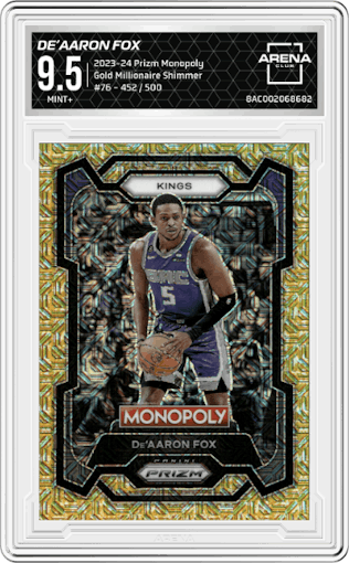 De’Aaron Fox from the 2023-24 Panini Prizm Monopoly set featuring a Gold Millionaire Shimmer  parallel graded by Arena Club and given an overall grade of 9.5.