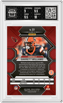 Garrett Williams from the 2023 Panini Mosaic set featuring a  Genesis parallel graded by Arena Club and given an overall grade of 9.5.