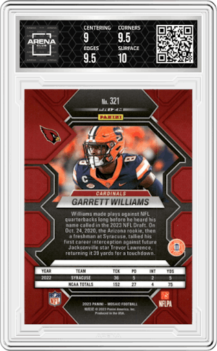 Garrett Williams from the 2023 Panini Mosaic set featuring a  Genesis parallel graded by Arena Club and given an overall grade of 9.5.