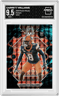 Garrett Williams from the 2023 Panini Mosaic set featuring a  Genesis parallel graded by Arena Club and given an overall grade of 9.5.