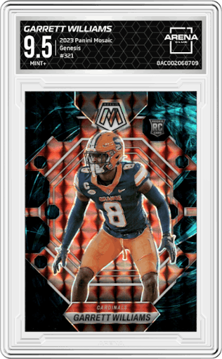 Garrett Williams from the 2023 Panini Mosaic set featuring a  Genesis parallel graded by Arena Club and given an overall grade of 9.5.