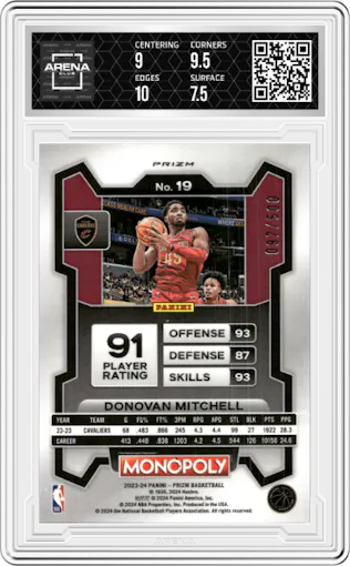 Donovan Mitchell from the 2023-24 Panini Prizm Monopoly set featuring a Gold Millionaire Shimmer  parallel graded by Arena Club and given an overall grade of 8.