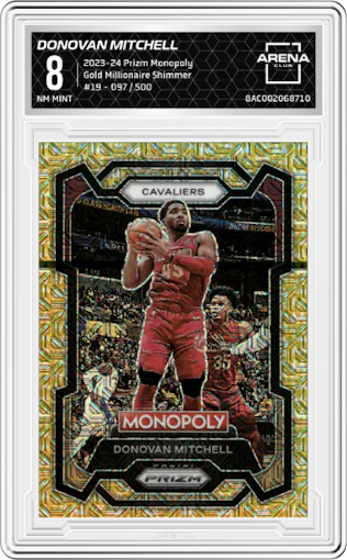 Donovan Mitchell from the 2023-24 Panini Prizm Monopoly set featuring a Gold Millionaire Shimmer  parallel graded by Arena Club and given an overall grade of 8.