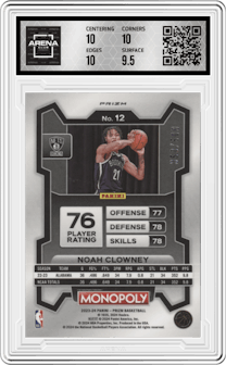 Noah Clowney from the 2023-24 Panini Prizm Monopoly set featuring a Gold Millionaire Shimmer  parallel graded by Arena Club and given an overall grade of 10.