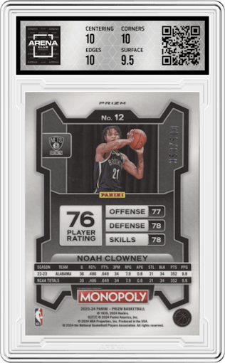 Noah Clowney from the 2023-24 Panini Prizm Monopoly set featuring a Gold Millionaire Shimmer  parallel graded by Arena Club and given an overall grade of 10.