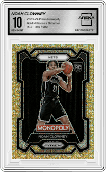 Noah Clowney from the 2023-24 Panini Prizm Monopoly set featuring a Gold Millionaire Shimmer  parallel graded by Arena Club and given an overall grade of 10.