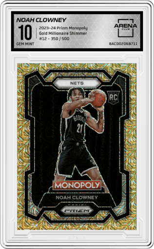 Noah Clowney from the 2023-24 Panini Prizm Monopoly set featuring a Gold Millionaire Shimmer  parallel graded by Arena Club and given an overall grade of 10.