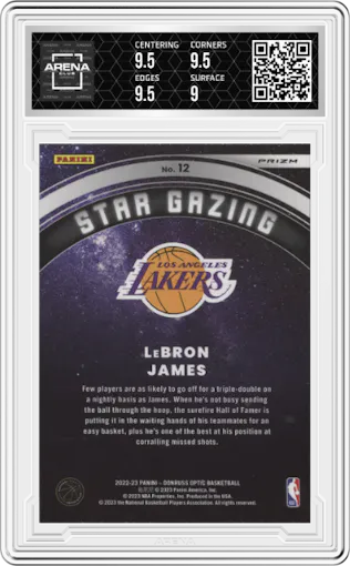 LeBron James from the 2022-23 Panini Donruss Optic  set featuring a Holo parallel graded by Arena Club and given an overall grade of 9.5.