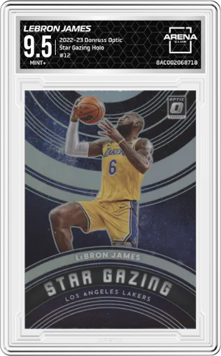 LeBron James from the 2022-23 Panini Donruss Optic  set featuring a Holo parallel graded by Arena Club and given an overall grade of 9.5.