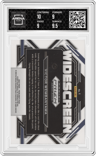 Victor Wembanyama from the 2023-24 Panini Prizm Draft Picks set graded by Arena Club and given an overall grade of 9.5.