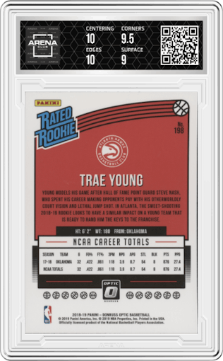 Trae Young from the 2018-19 Panini Donruss Optic set graded by Arena Club and given an overall grade of 9.5.