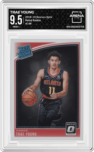 Trae Young from the 2018-19 Panini Donruss Optic set graded by Arena Club and given an overall grade of 9.5.